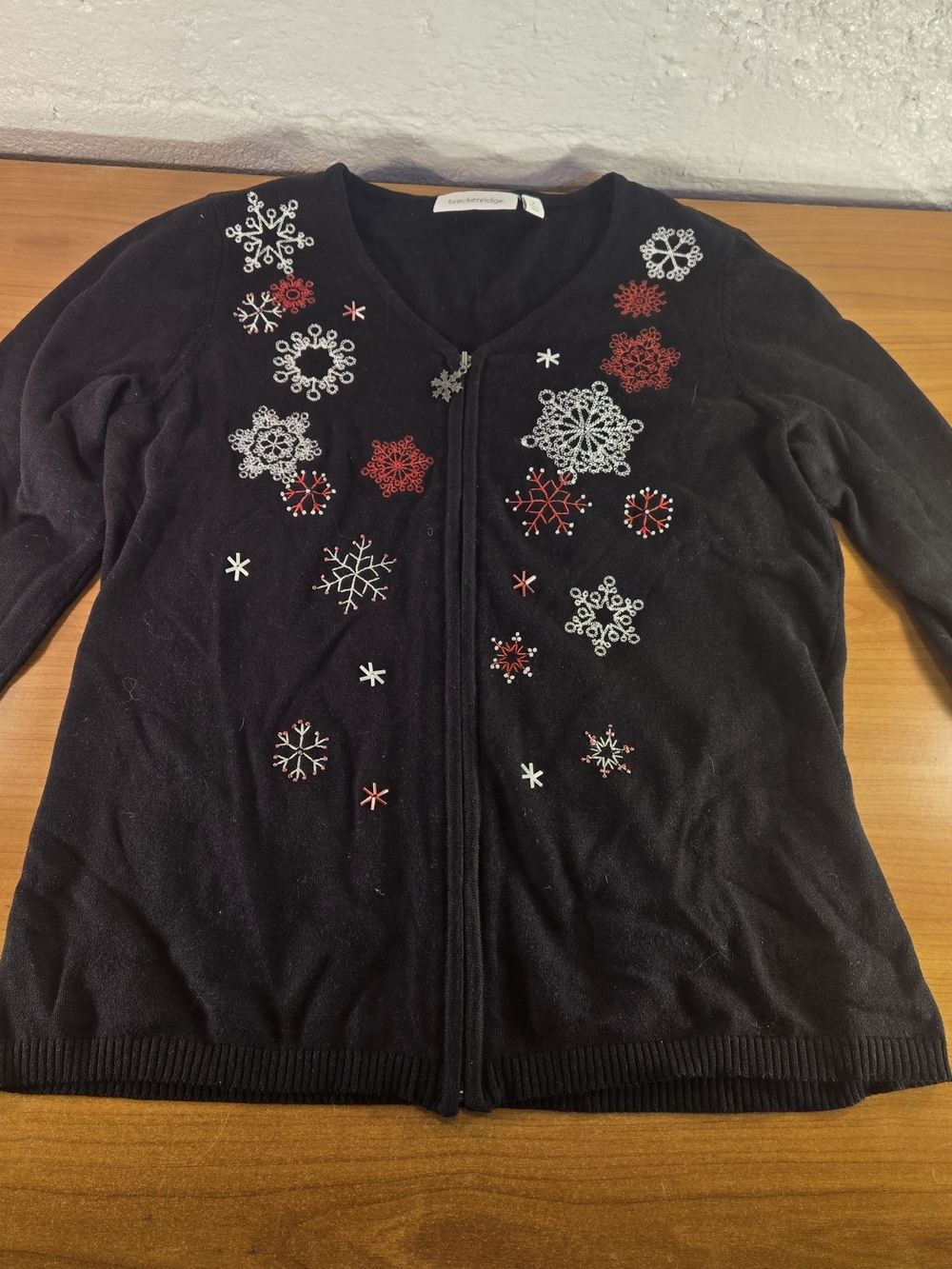 Breckenridge Vintage Christmas Cardigan Sweater M Black Full Zip Snowflake Red